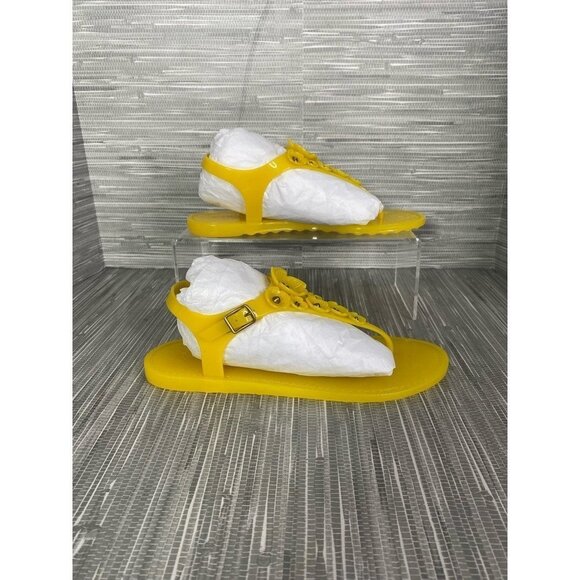 Coach Womens Trmulti Jelly T-Strap Sandals Yellow Buckle Flat Heel 5 B New‎ - Picture 1 of 9